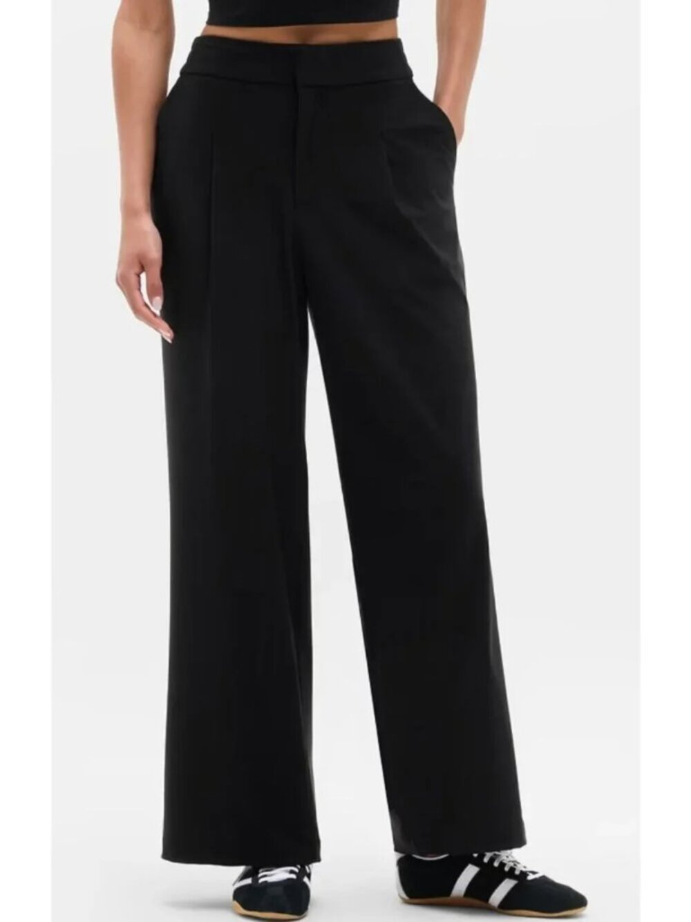 ATHLETA Black Pinnacle High Rise Trouser Pants Wide Leg Women's Size 14 Pleated